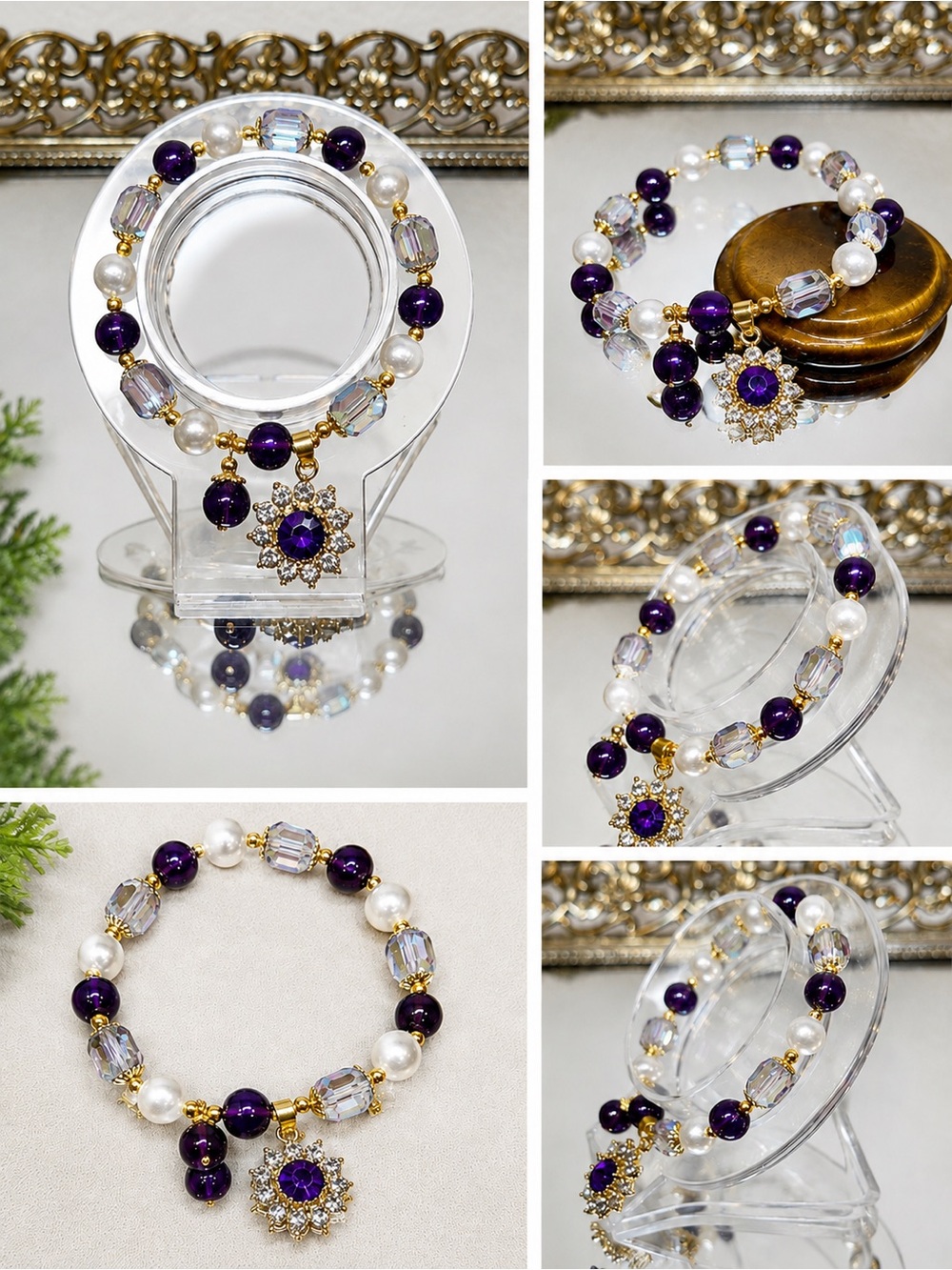 Vintage-Inspired NEW Purple Crystal Faux Pearl Bracelet | Gold-Tone